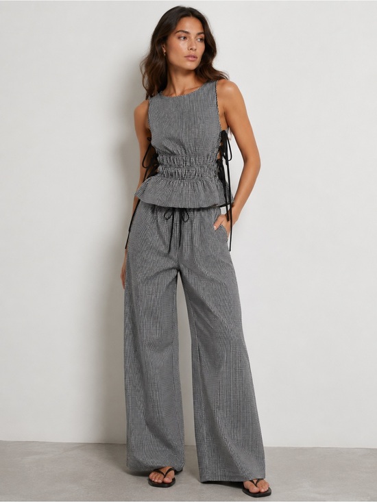 Commense Pants - Gingham Lace-Up Sleeveless Top & Pants Set